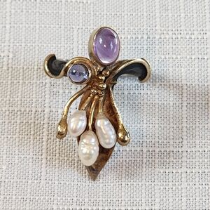 Michou Sterling And Gold Vermeil   Ring with Pearls, Amethyst Flower
